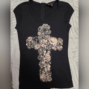 Rock & Republic Vintage Black Top with Cream Floral Design